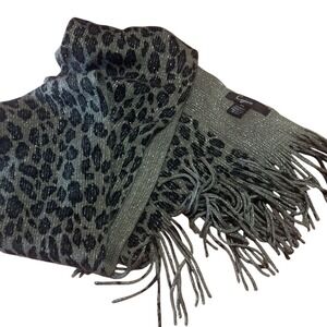 Cejon Womens Leopard Print Metallic Knit Scarf Grey Black Silver Fringe Trim O/S